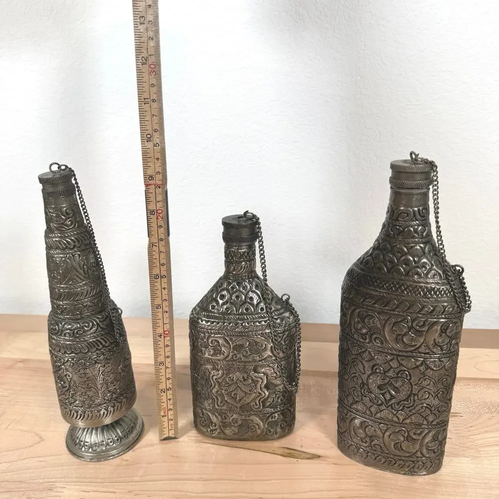 Vintage India Embossed Metal Decorative Flask Canteen Bottles Set of 3